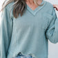 Raw Edge Detail Waffle Knit V Neck Top