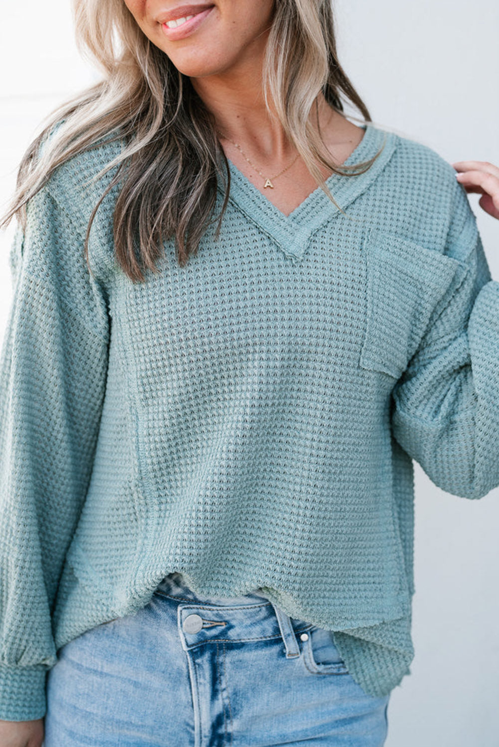 Raw Edge Detail Waffle Knit V Neck Top