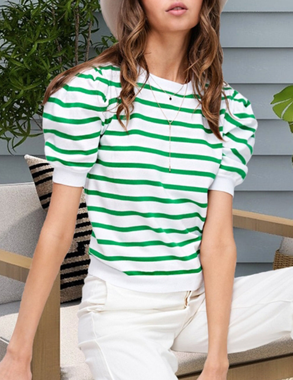 Stripe Puff Sleeve Elegant T-shirt
