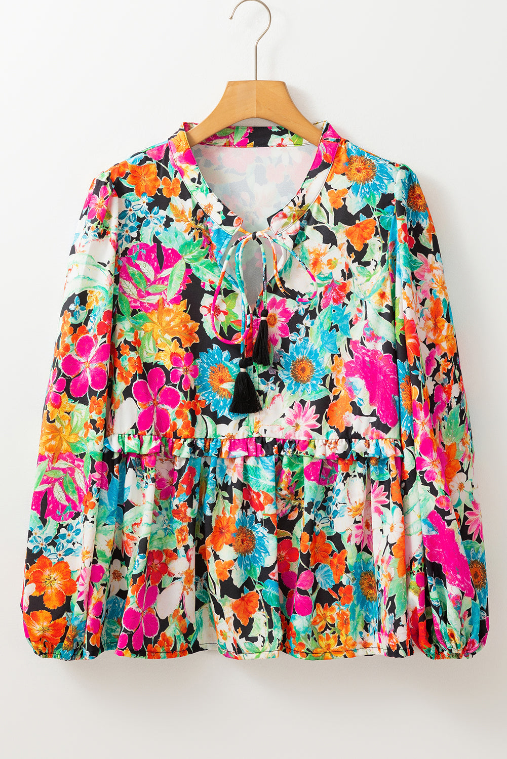 Floral Print Bubble Sleeve V Neck Ruffled Blouse