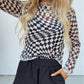 Checkered Pattern Mesh Mock Neck Long Sleeve Top