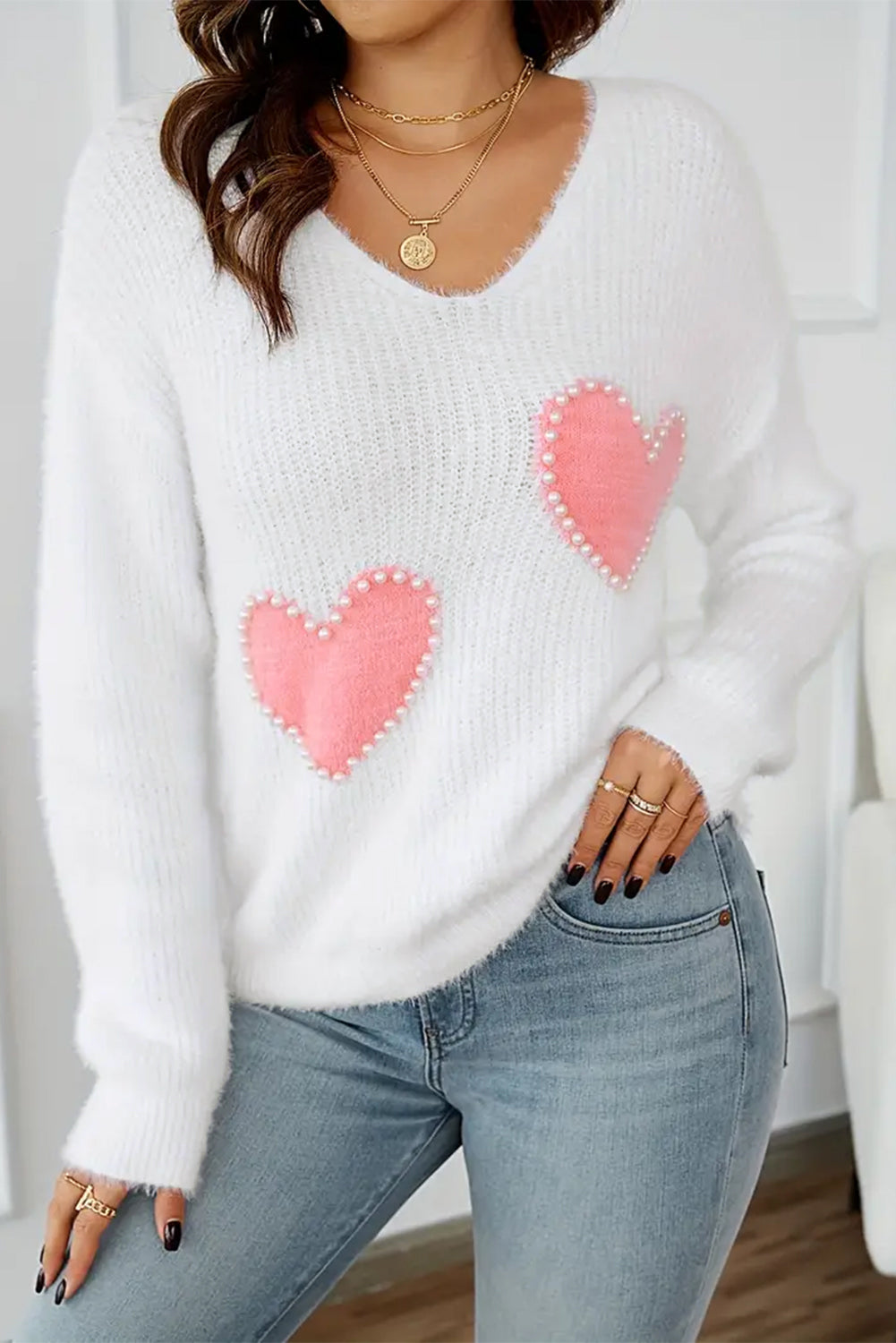 Pearl Beaded Heart Pattern Fuzzy V Neck Sweater