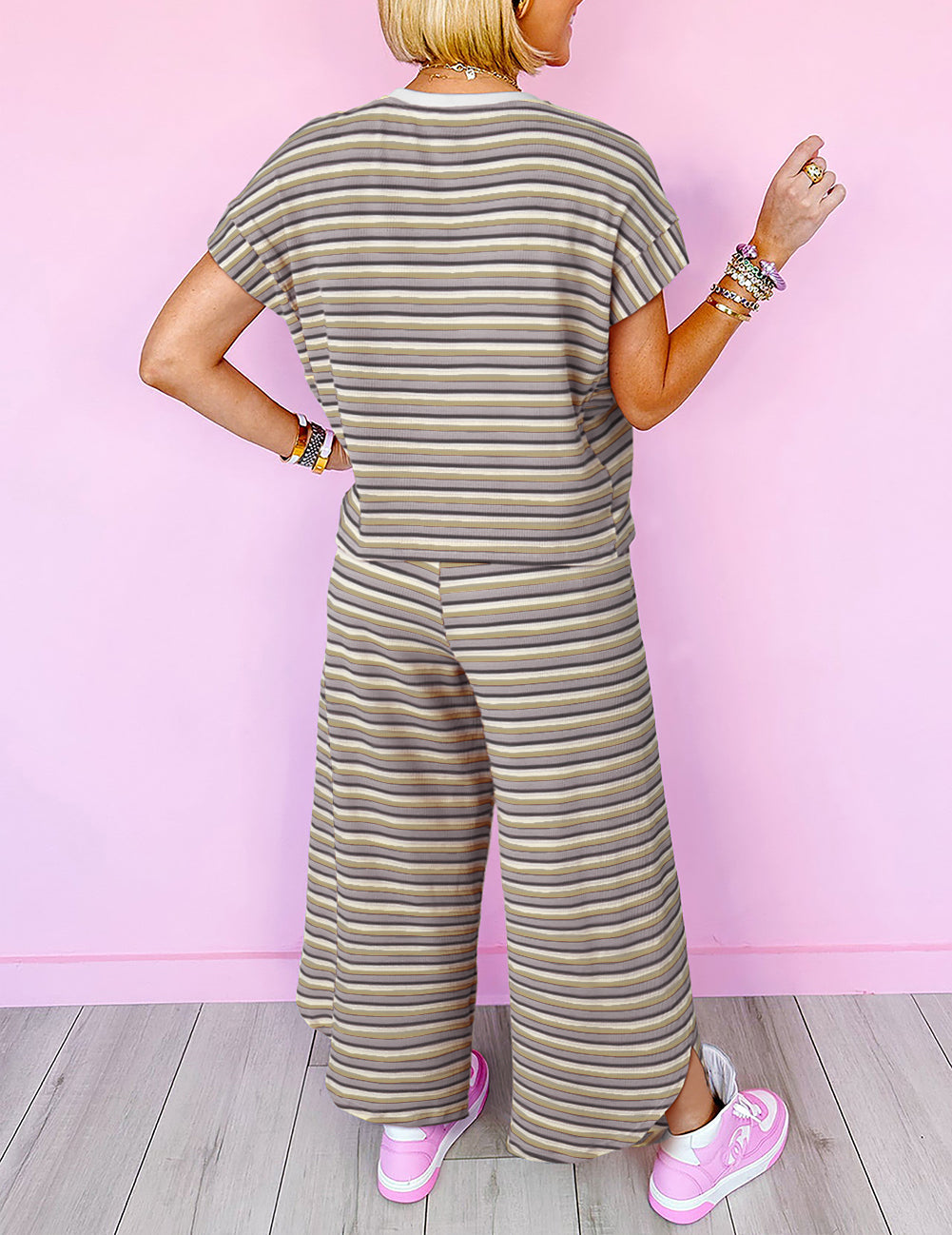 Stripe Rainbow Tee Tasseled String Wide Leg Pants Set