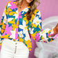 Magenta Gold Floral V Neck Lantern Sleeve Blouse