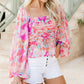 Watercolor Abstract Print Pleated Long Sleeve Blouse