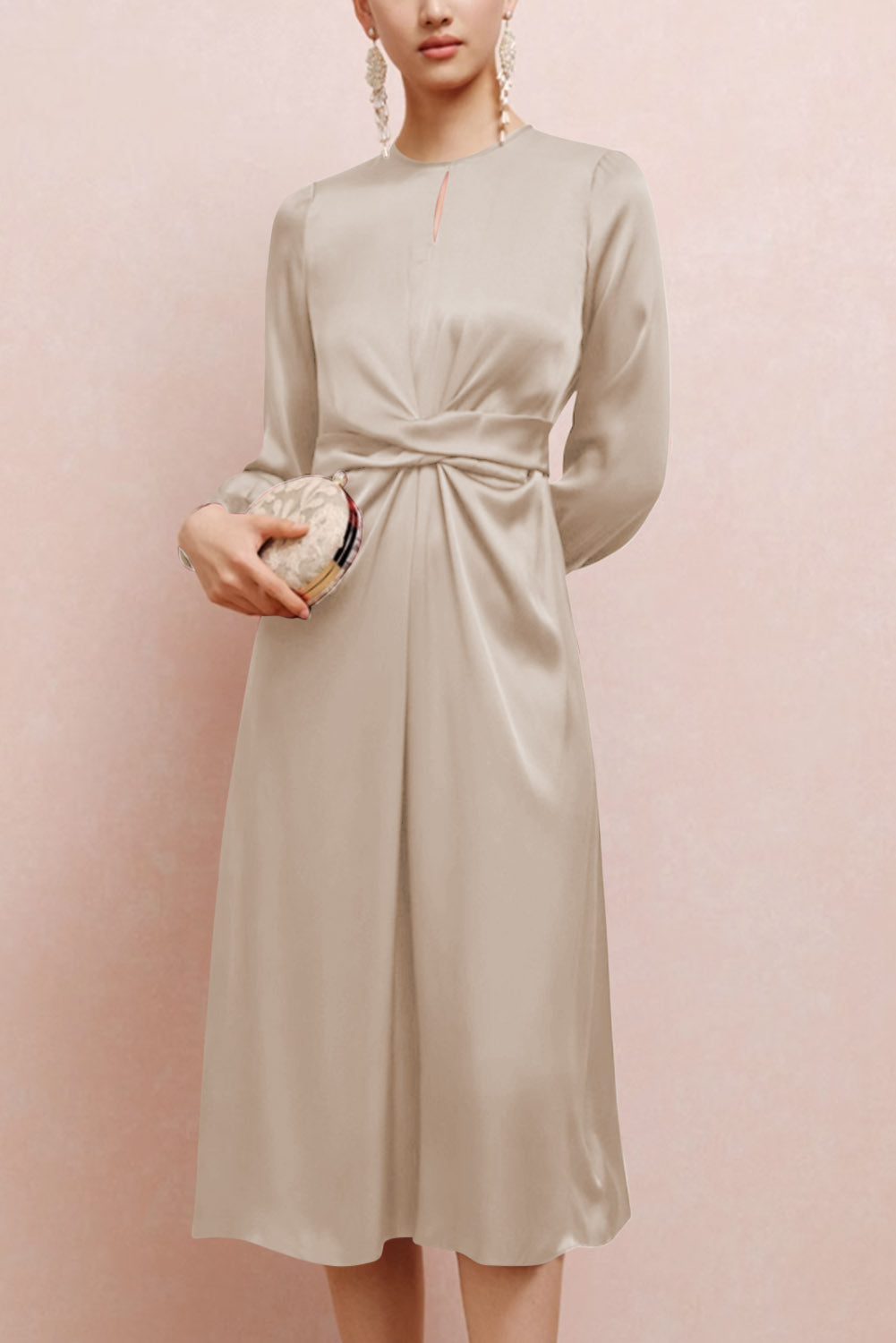 Twist Front Tie Back Long Sleeve Satin Dress