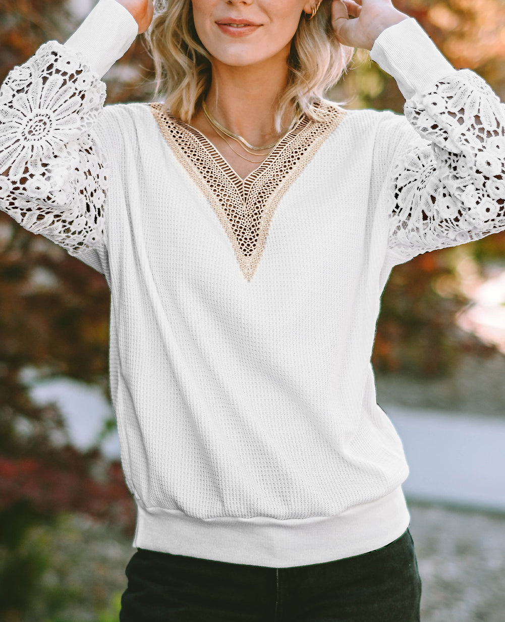 Lace Splicing V Neck Puff Sleeve Top
