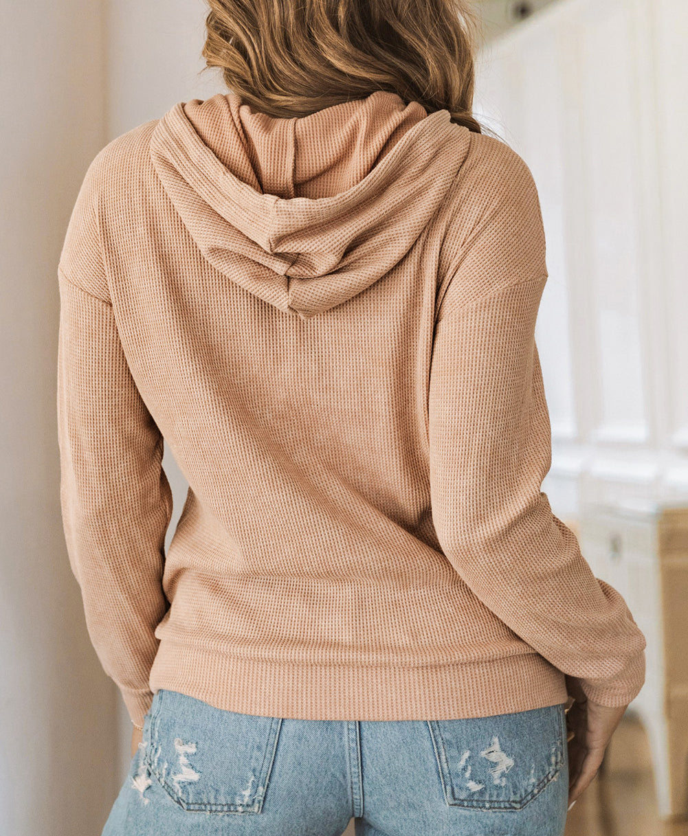 Waffle Knit Kangaroo Pocket Hooded Sweatshirt