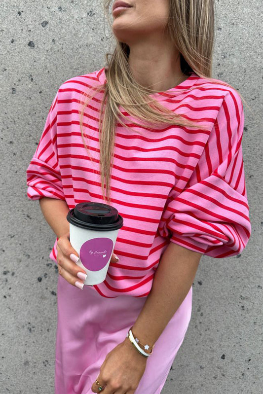 Striped Print Crew Neck Drop Shoulder Sweatshirt