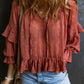 Swiss Dot Lace up V Neck Ruffled Blouse