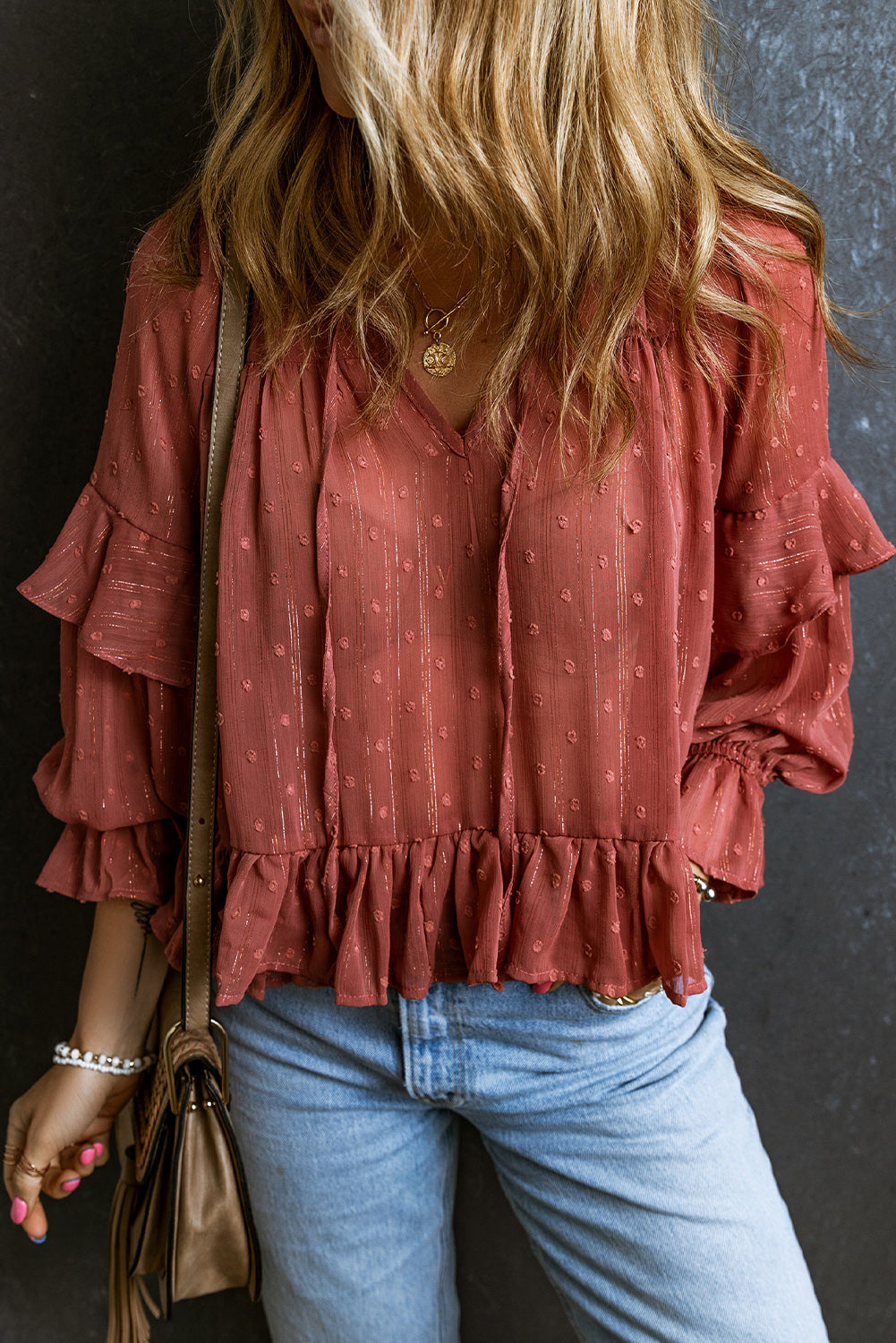 Swiss Dot Lace up V Neck Ruffled Blouse