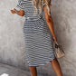 Stripe Short Sleeve Belted Wrapped Hemline Dress