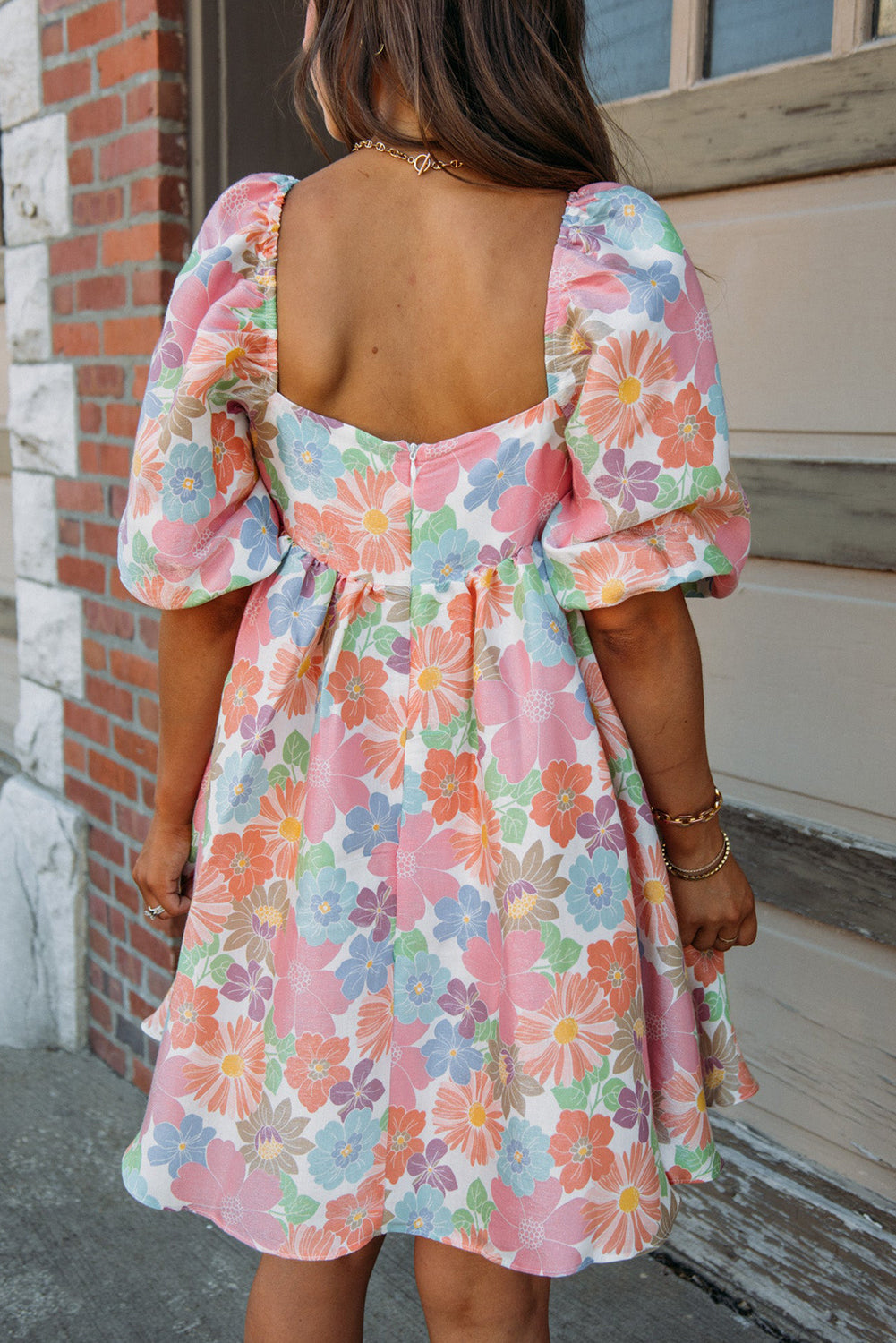Floral Puff Sleeve Square Neck Plus Babydoll Dress