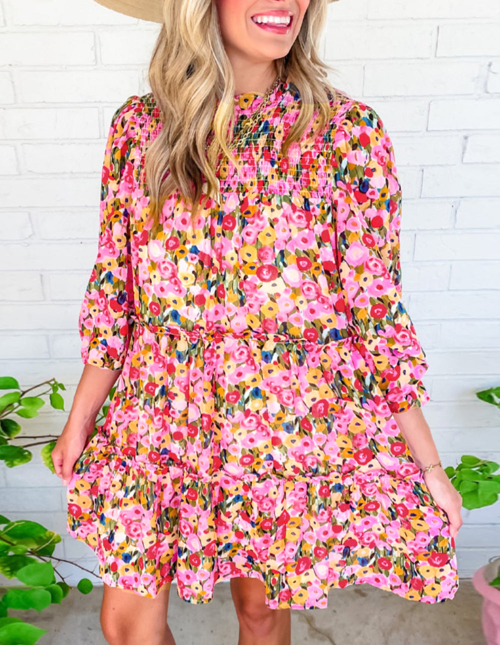 Fiery Red 3/4 Sleeve Smocked Tiered Floral Dress