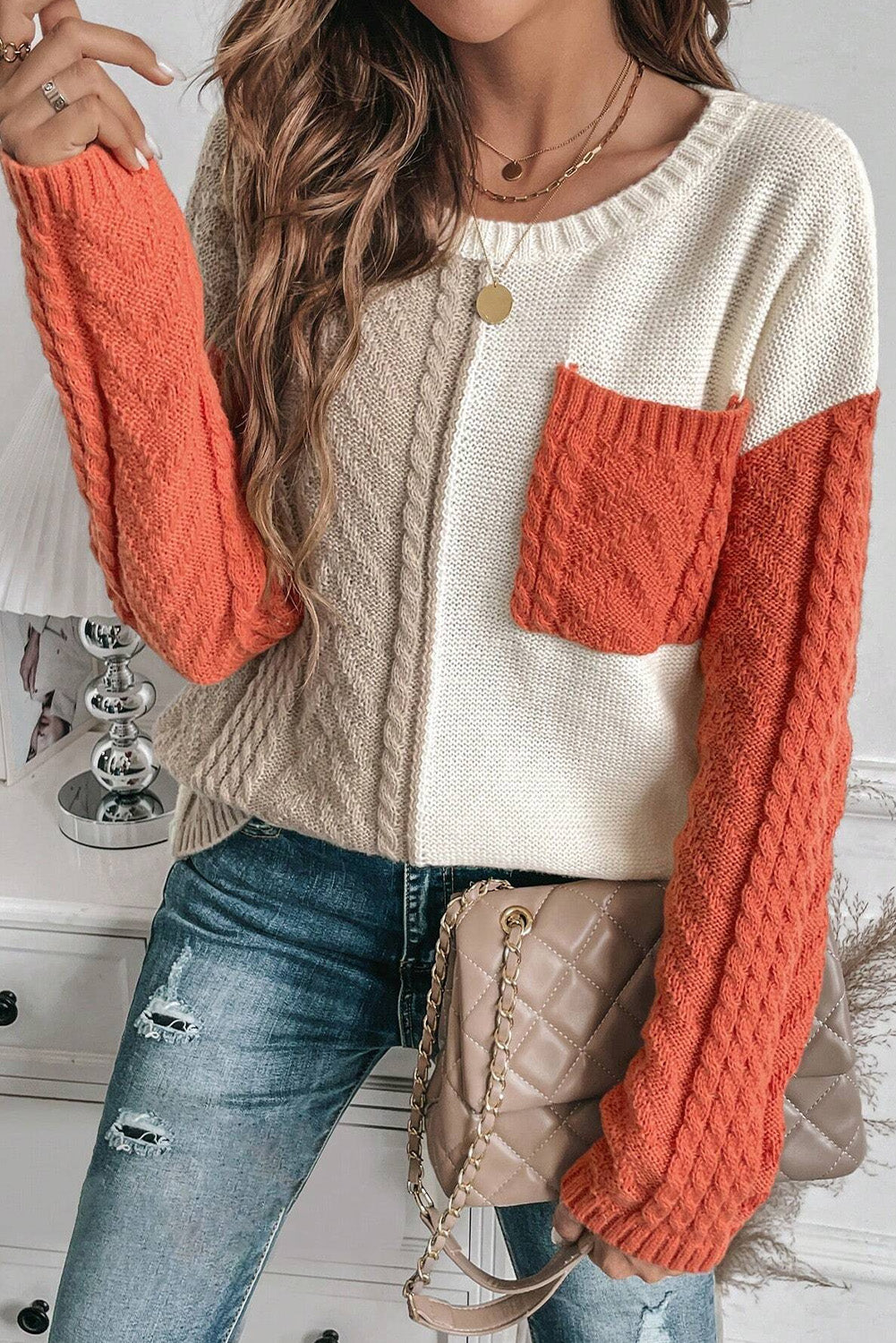 Tan Colorblock Patched Pocket Drop Shoulder Sweater