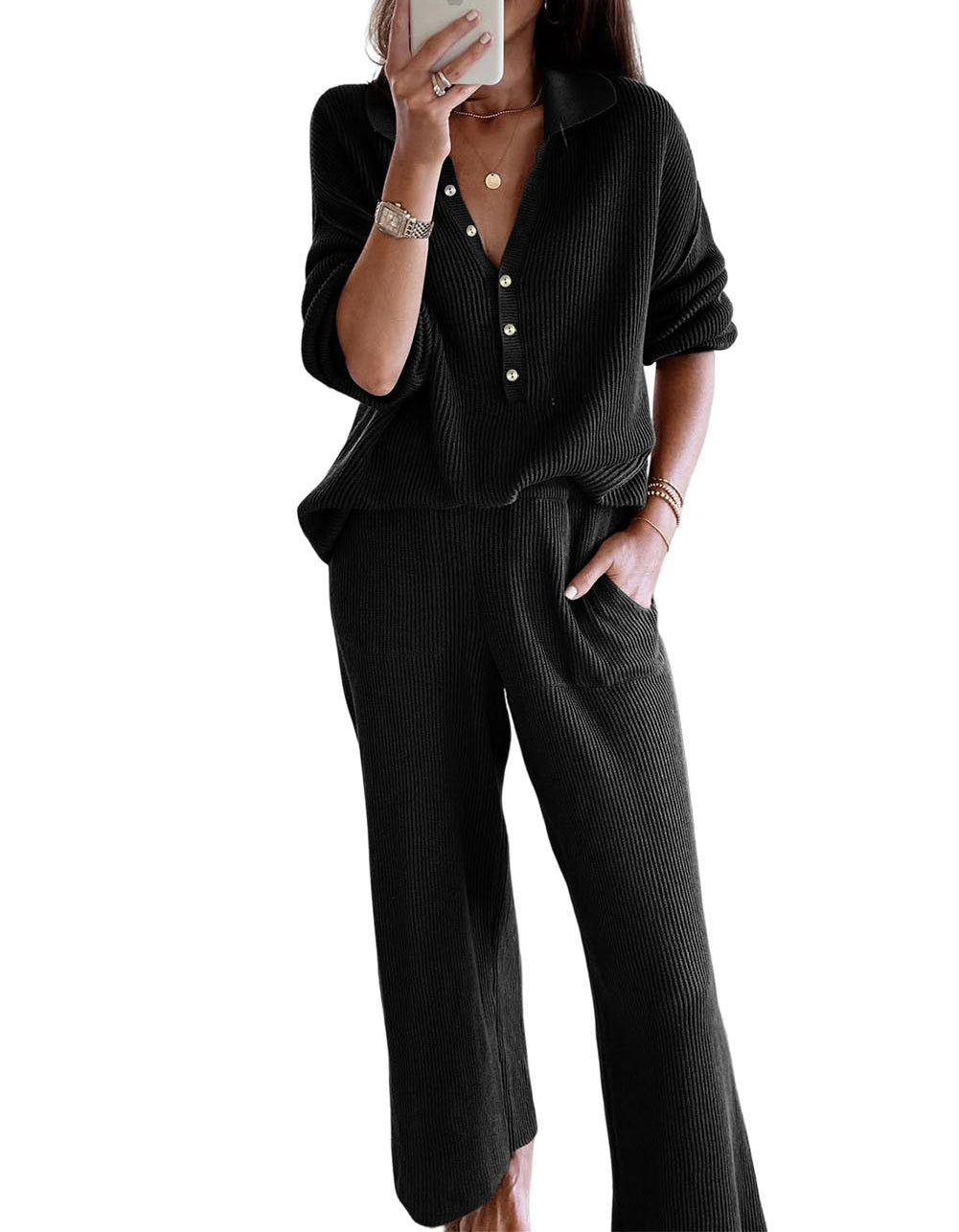 Ribbed Knit Collared Henley Top and Pants Lounge Outfit