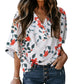 White Floral Print Drape V Neck Short Sleeve Blouse