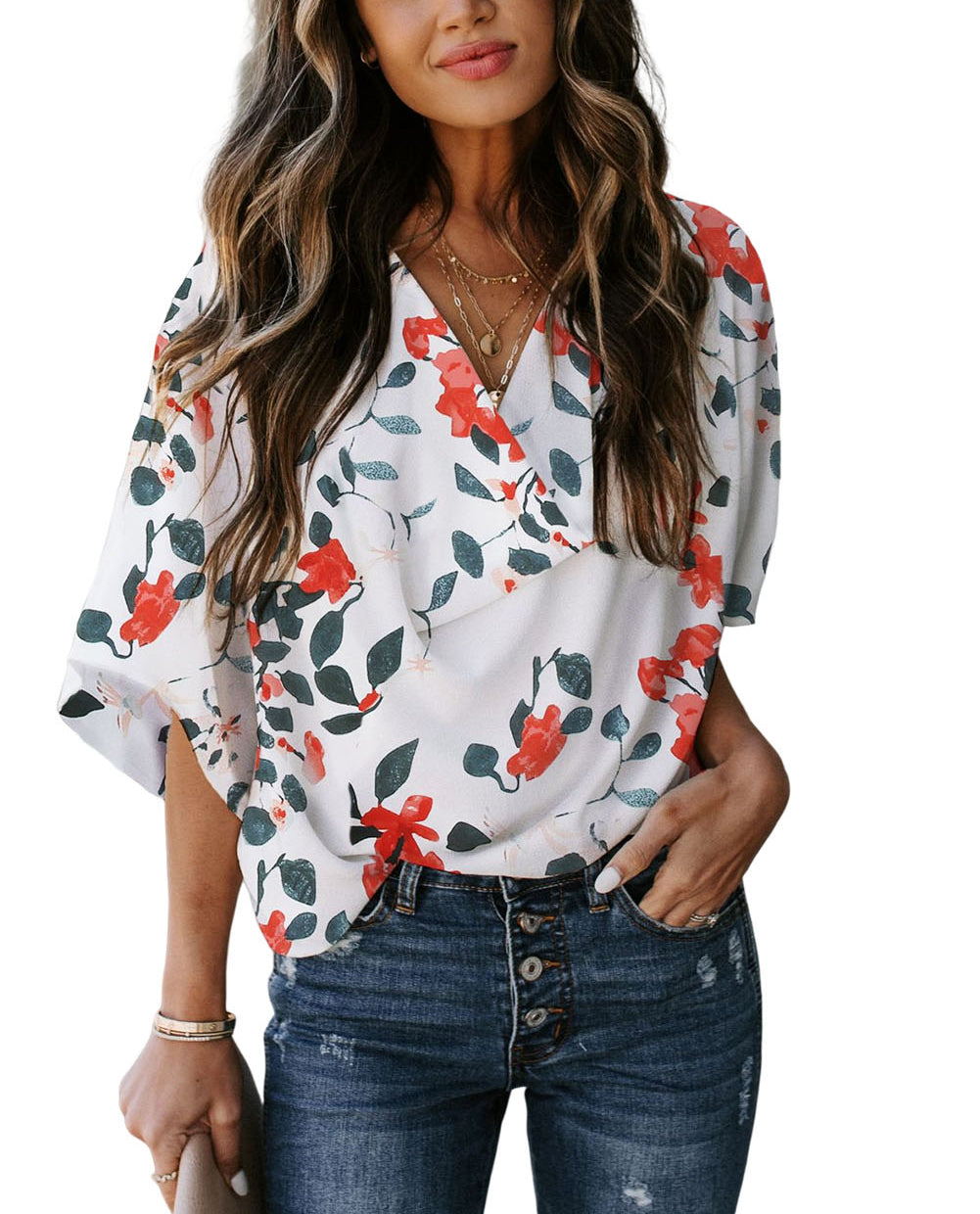 White Floral Print Drape V Neck Short Sleeve Blouse