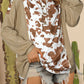 Animal Print Textured Patch Lantern Sleeve Henley Blouse