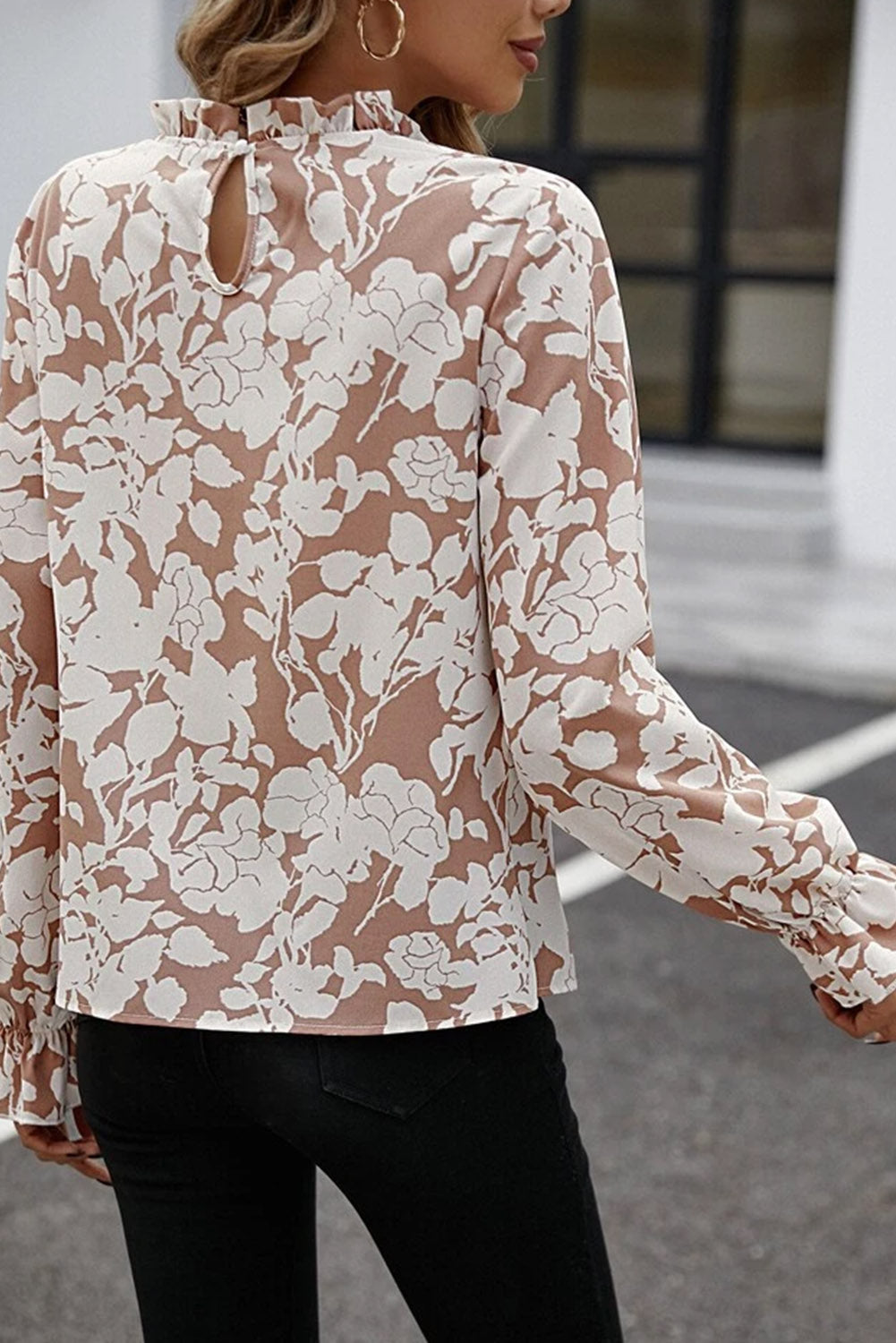 Floral Print Frilled Neckline Flounce Sleeve Blouse