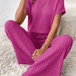 Solid Color Ribbed Short Sleeve Wide Leg Jumpsuit