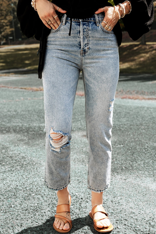Acid Wash Distressed Straight Leg Cropped Jeans