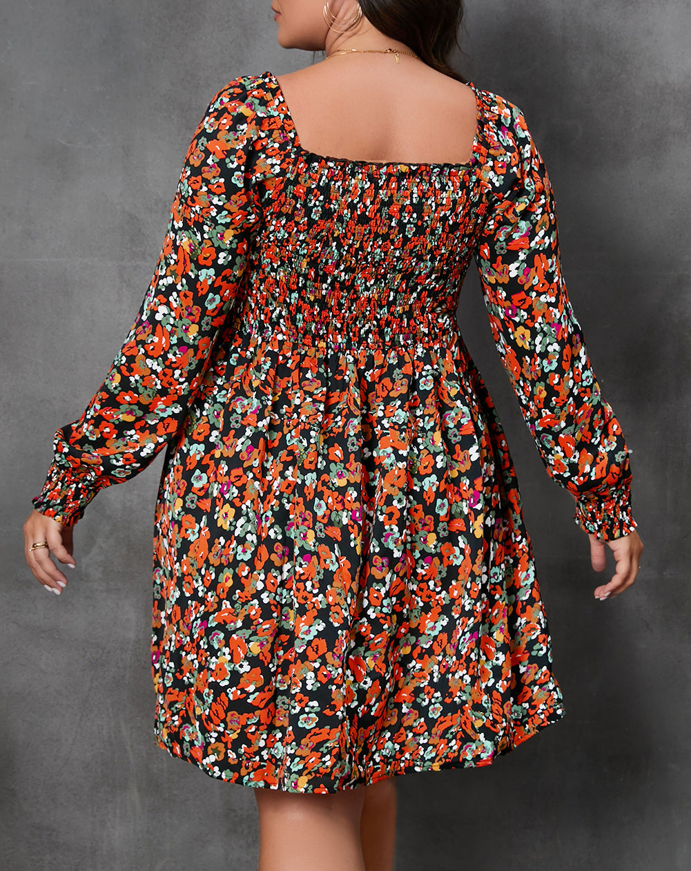 Plus Size Smocked Long Sleeve Floral Dress