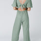 Green V Neck Puff Sleeve Hollow out Wide Leg Jumpsuit