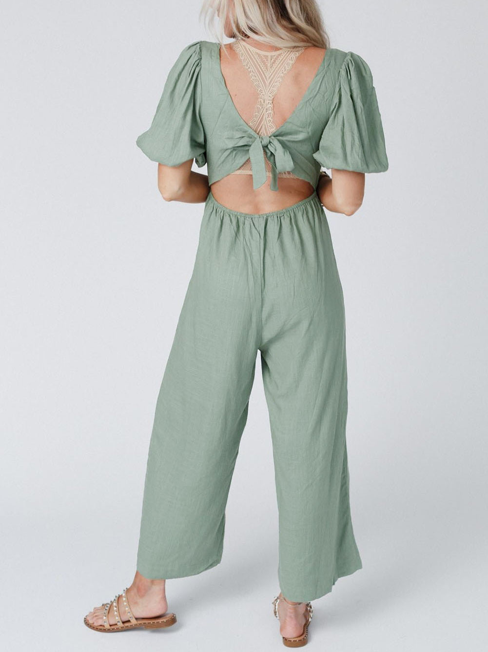 Green V Neck Puff Sleeve Hollow out Wide Leg Jumpsuit