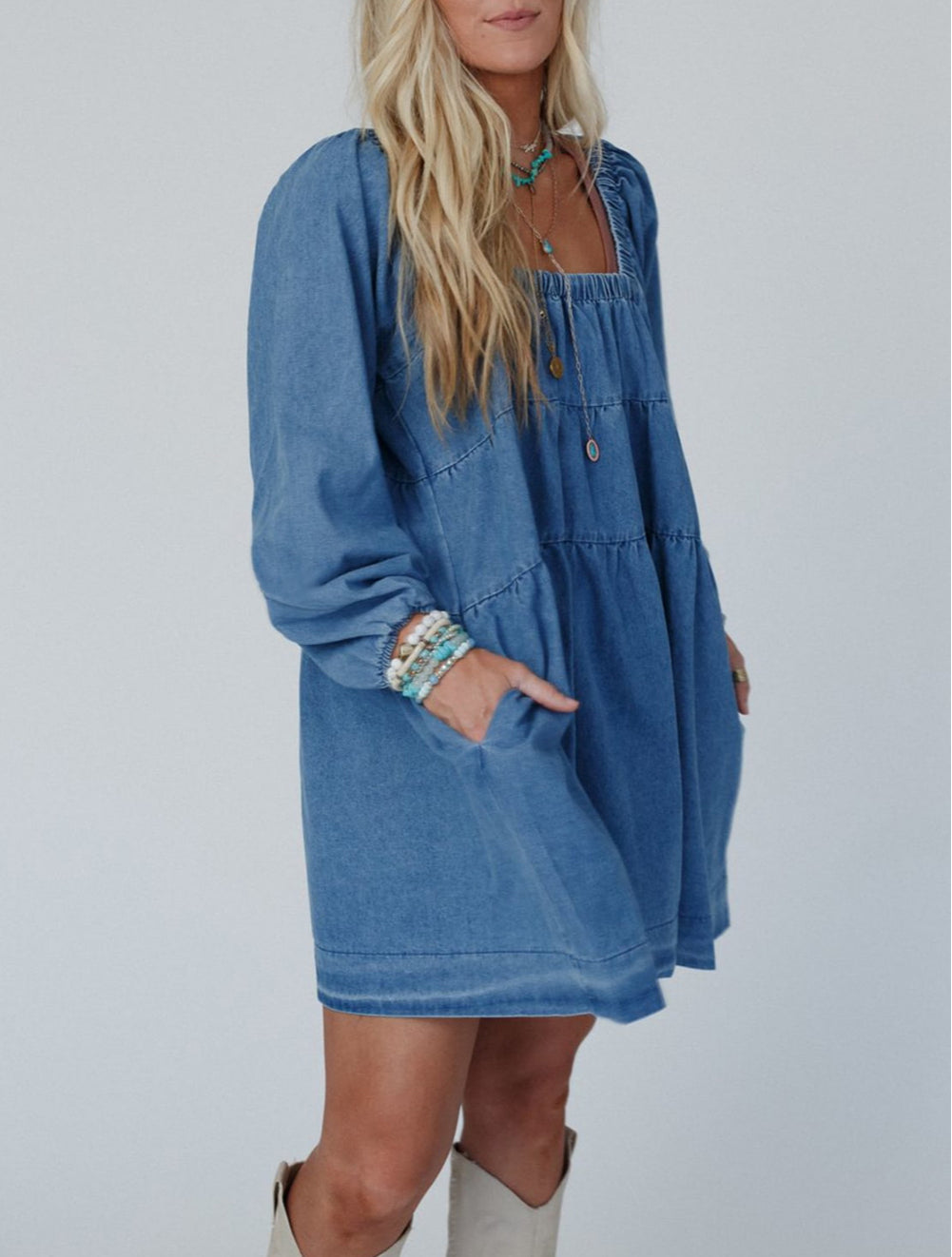 Square Neck Side Pockets Loose Fit Denim Mini Dress