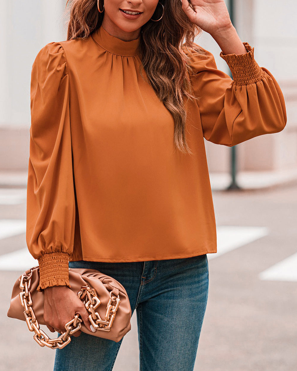 Long Bubble Sleeve Mock Neck Chiffon Top