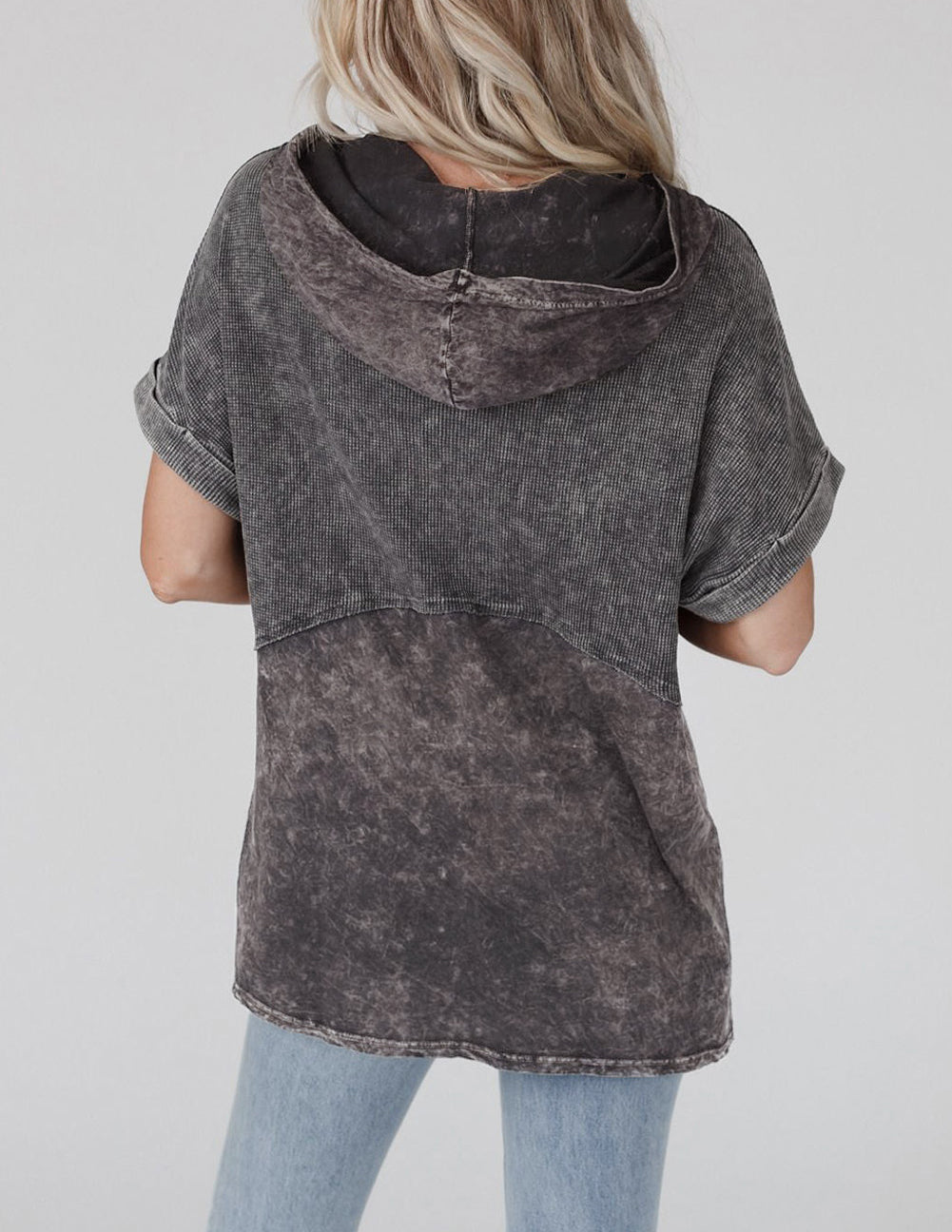 Waffle Knit Splicing Hooded Short Sleeve Top