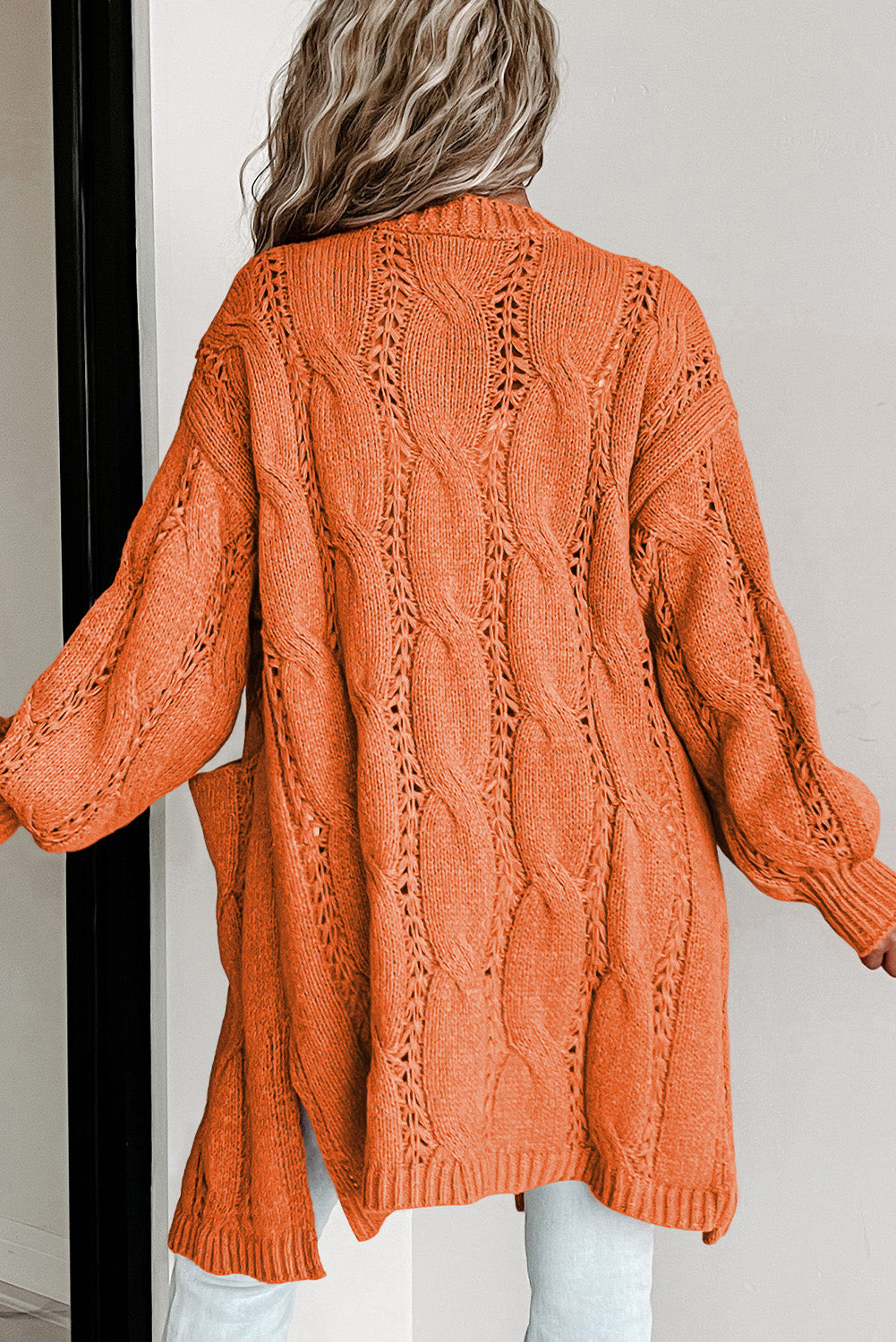 Ribbed Trim Eyelet Cable Knit Cardigan
