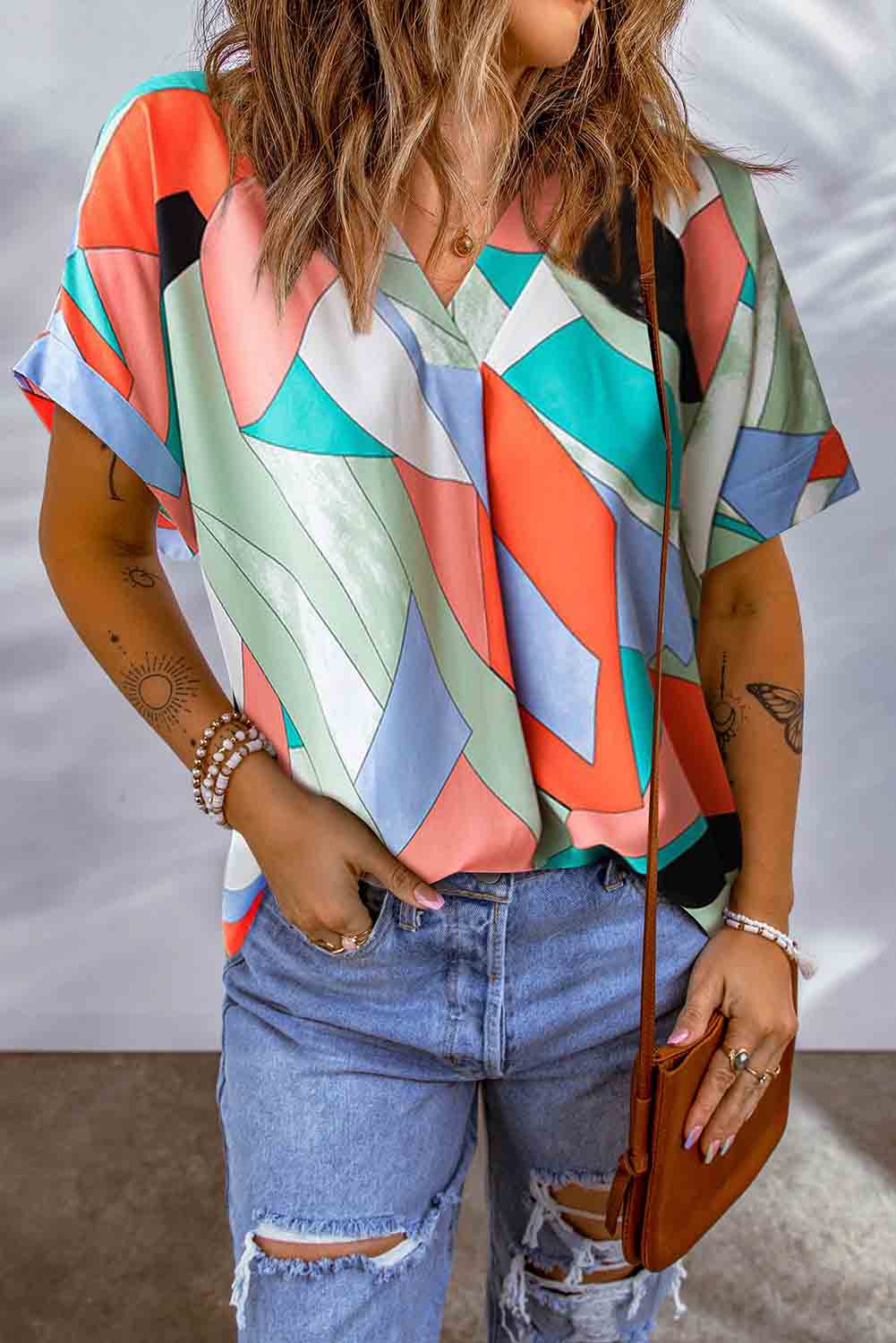 Irregular Color Block Printed Short Sleeve Blouse