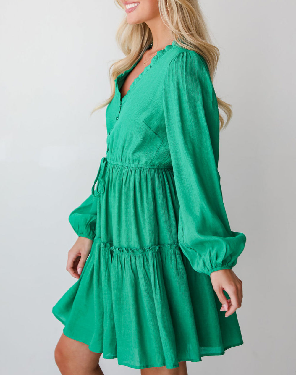 V Neck Puff Sleeve Drawstring Shift Mini Dress