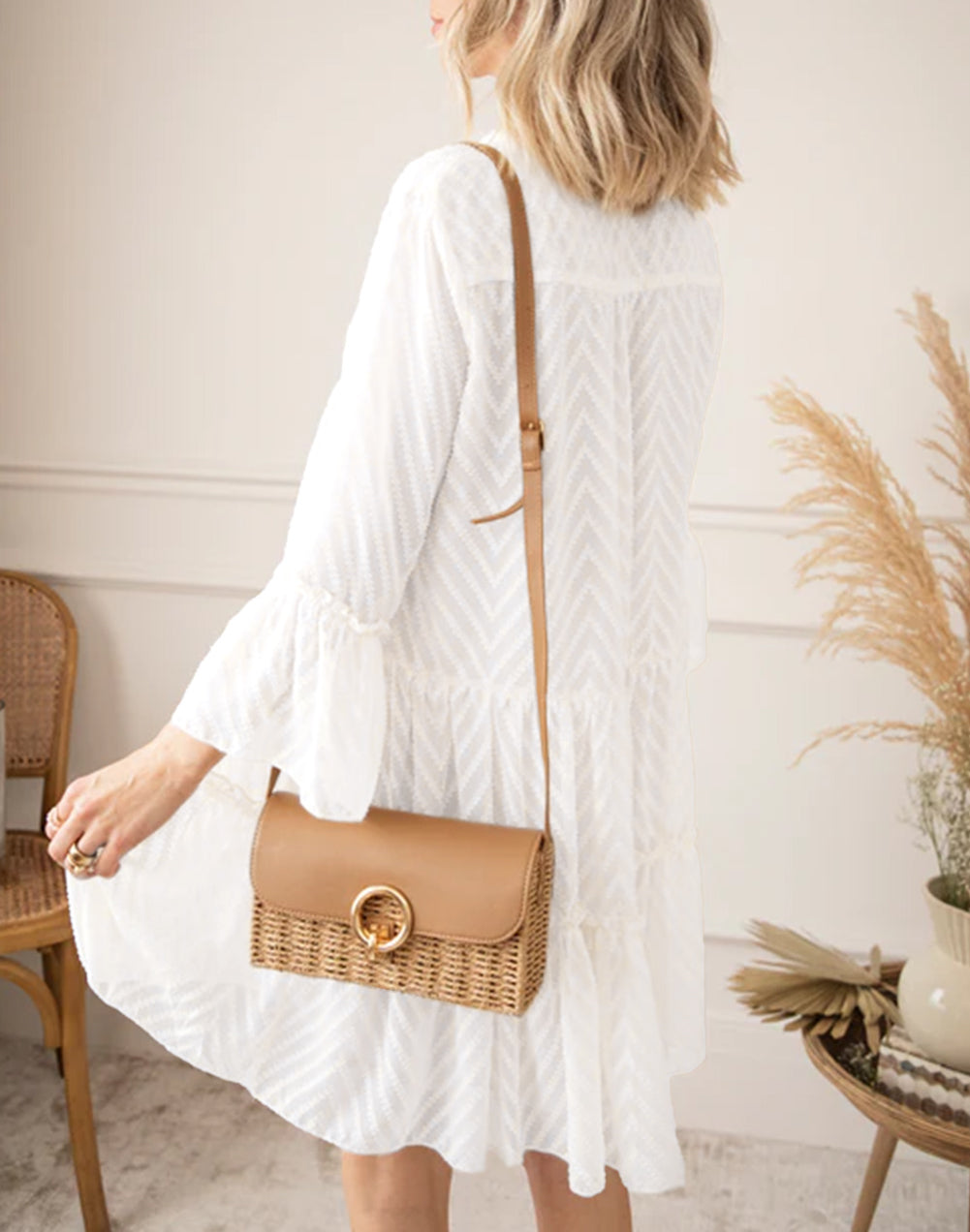 Wavy Striped Bracelet Sleeve Tiered Mini Dress