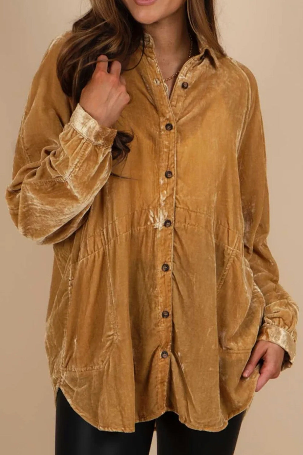 Solid Color Button Up Loose Fit Velvet Shirt