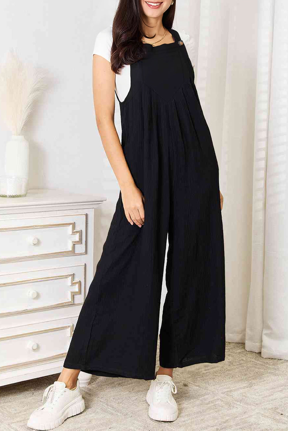 Buttoned Straps Crinkled Wide Leg Pocketed Overalls