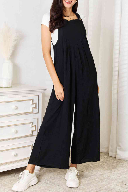 Buttoned Straps Crinkled Wide Leg Pocketed Overalls