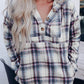 Plaid Button Neck Pocketed Pullover Hoodie