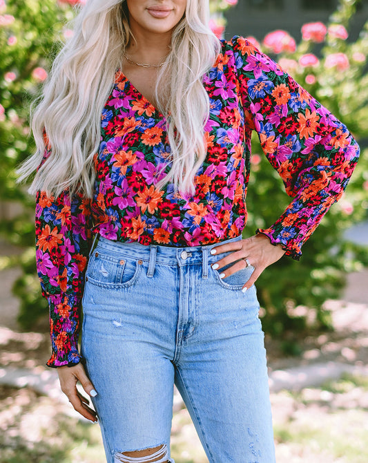 Print Wrap V Neck Long Sleeve Bodysuit