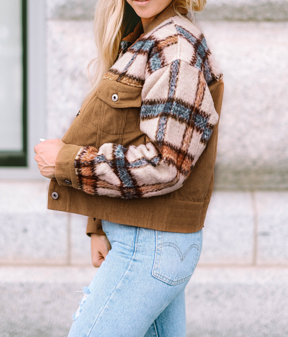 Plaid Corduroy Flap Pockets Boxy Chunky Jacket