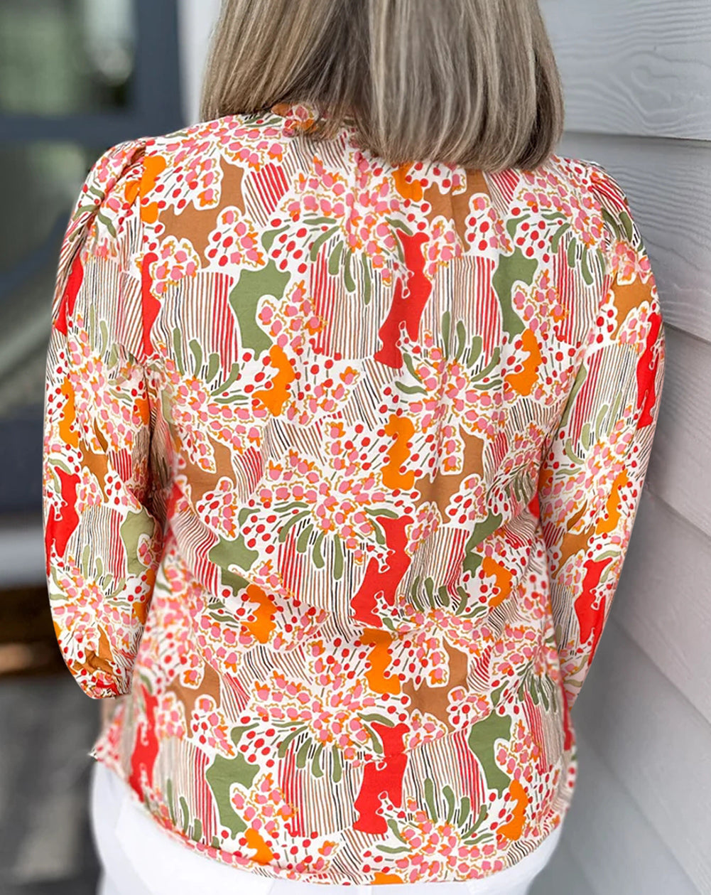 Printed Floral Abstract Print Frilled V Neck Plus Size Blouse