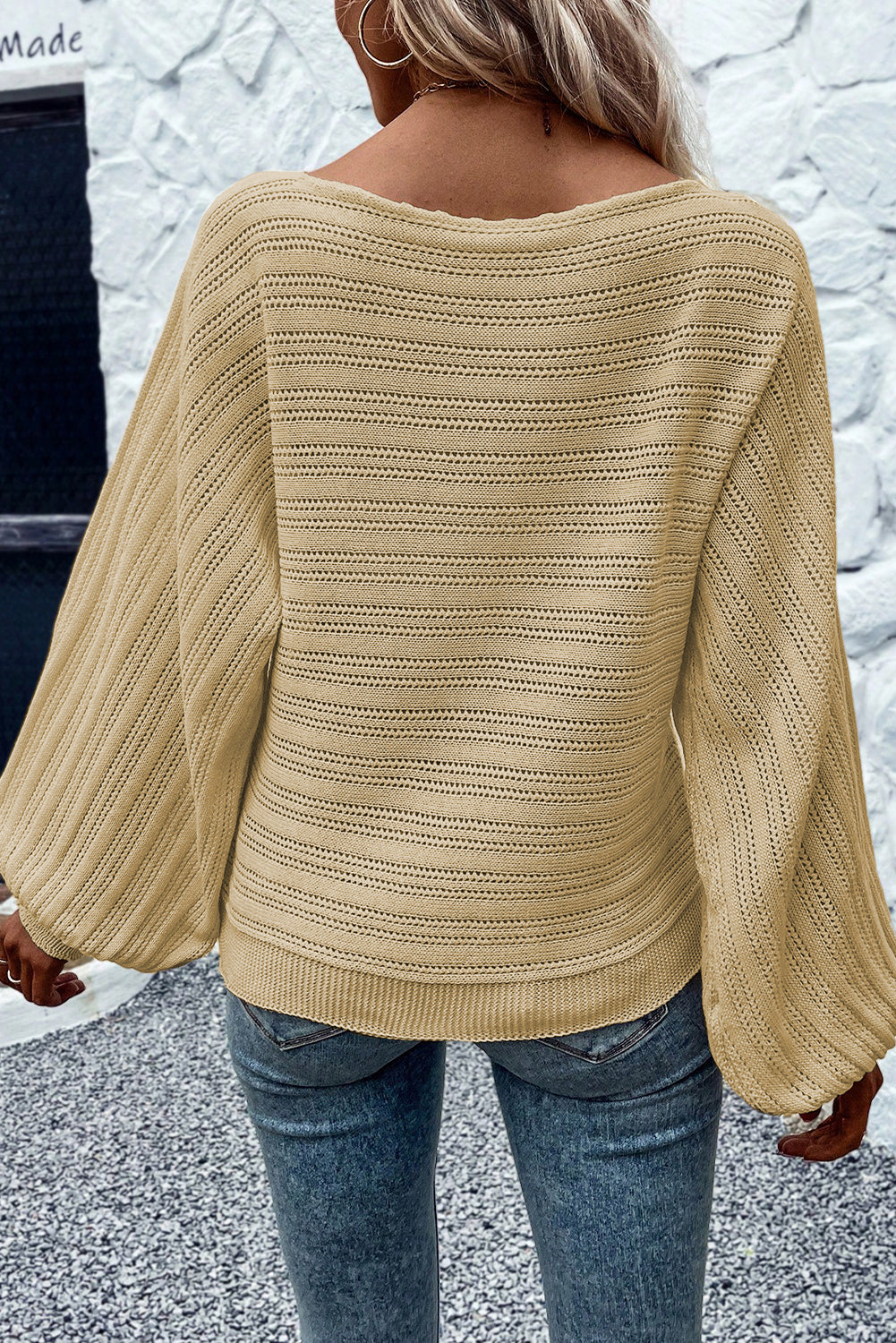 Lantern Sleeve Eyelets Textured Knit Sweater