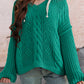 Cable Knit V Neck Contrast Drawstring Hooded Sweater