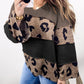 Leopard Colorblock Patchwork V-Neck Loose Sleeve Knit Top