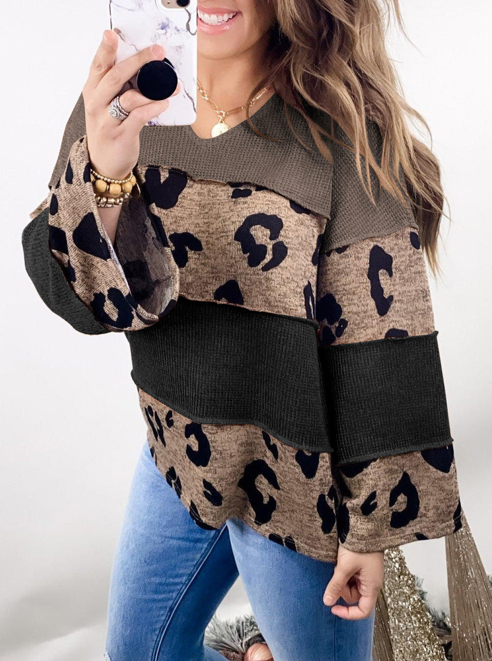 Leopard Colorblock Patchwork V-Neck Loose Sleeve Knit Top