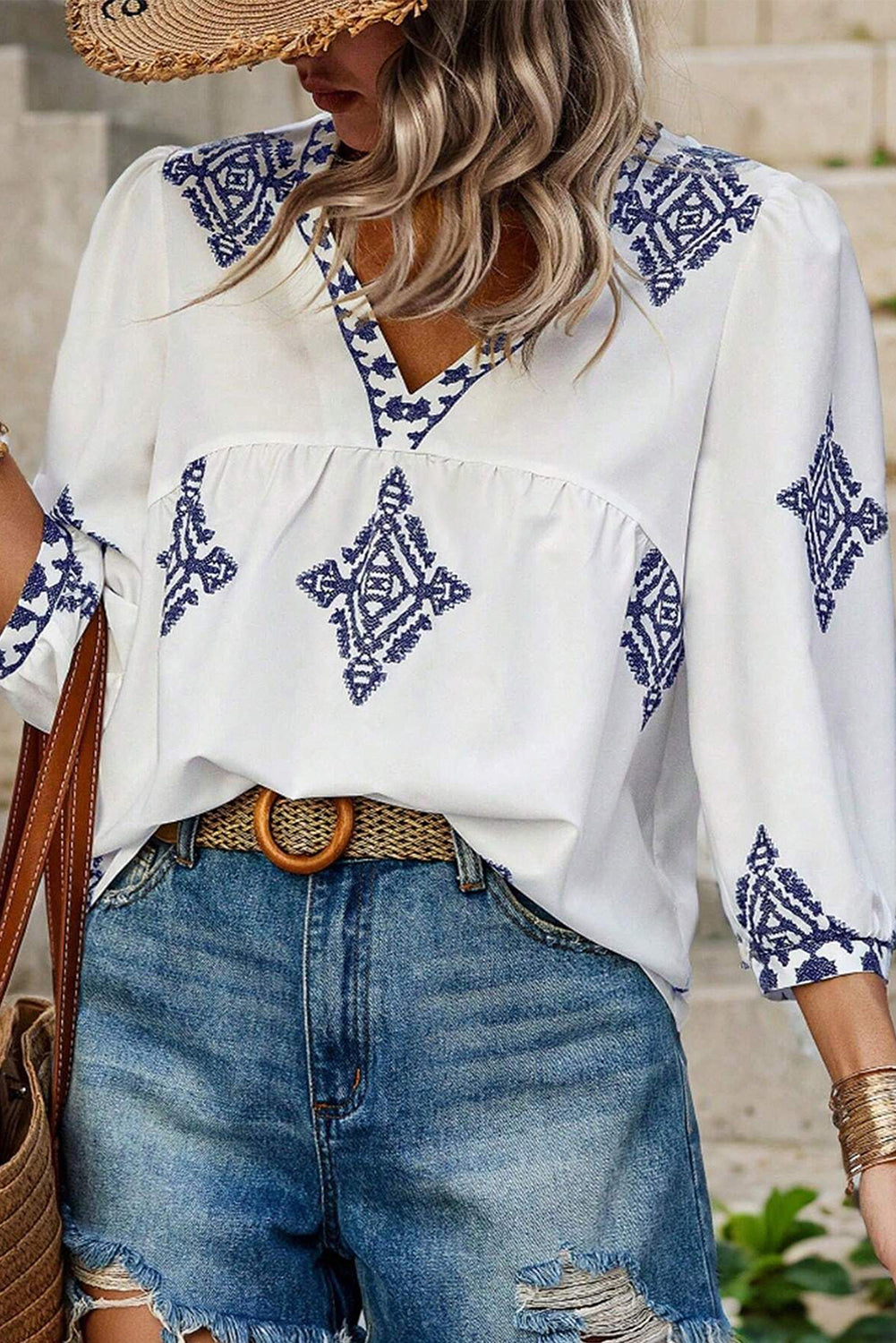 Boho Geometric Print Bracelet Sleeve V Neck Blouse