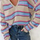 Stripe Collared V Neck Drop Shoulder Loose Sweater