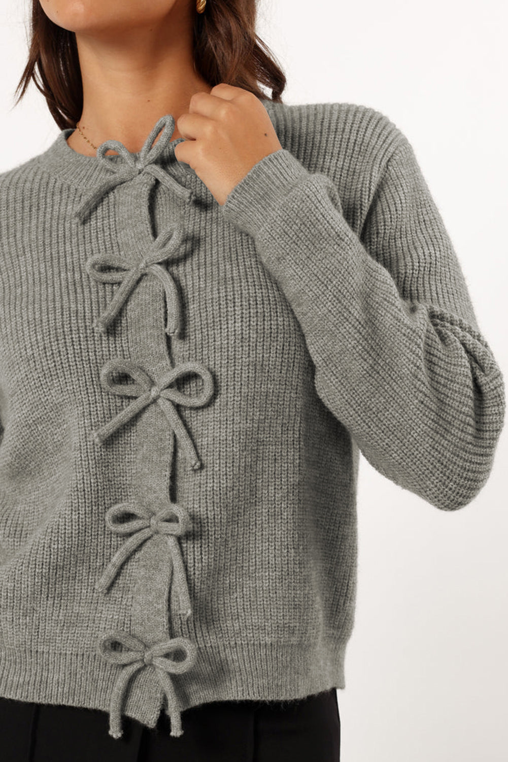 Ribbed Knit Bow Front Buttoned Cardigan